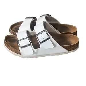 Birkenstock Arizona white leather double strap sandals with silver hardware